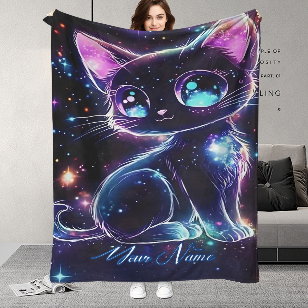 Galaxy Home Textiles - Kişiselleştirilebilir İsimli Galaksi Kedi Desenli Battaniye,